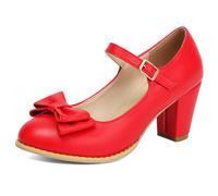 Mary Jane Mujer Lazo Tacón De Bloque Punta Redonda Pumps Lindos Kawaii Zapatos De Vestir para Escuela Uso Diario Y Atuendos Casuales Ajuste Cómodo Tallas Grandes,Rojo,45 EU