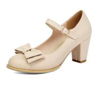 Mary Jane Mujer Lazo Tacón De Bloque Punta Redonda Pumps Lindos Kawaii Zapatos De Vestir para Escuela Uso Diario Y Atuendos Casuales Ajuste Cómodo Tallas Grandes,Apricot,44 EU