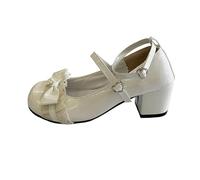 Mary Jane Plataforma Chunky Block Heels Lindo Cosplay Kawaii Bow Lace Vestidos Cruzados Punta Redonda Tobillo Zapatos de Baile, Blanco, 41 EU
