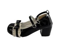 Mary Jane Plataforma Chunky Block Heels Lindo Cosplay Kawaii Bow Lace Vestidos Cruzados Punta Redonda Tobillo Zapatos de Baile, Negro , 38 EU