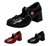 Mary Jane - Zapatos bajos para mujer, tacón cuadrado, elegantes con correas, tacones altos, zapatos de vestir, piel sintética, mocasines con punta cuadrada, zapatos de tacón, Negro , 36 EU