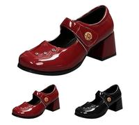 Mary Jane - Zapatos bajos para mujer, tacón cuadrado, elegantes con correas, tacones altos, zapatos de vestir, piel sintética, mocasines con punta cuadrada, zapatos de tacón, rojo, 40 EU