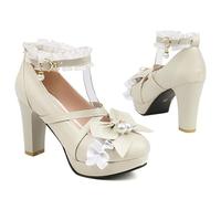Mary Jane Zapatos Kawaii de tacón medio para mujer, estilo rockabilly, con encaje, con arco, plataforma de perlas, tacón grueso, lindos zapatos de boda, beige, 36 EU