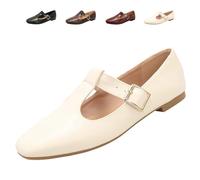 Mary Jane Zapatos para mujer, clásicos, con correa en T, planos, cómodos, de poliuretano, con puntos, para mujer, vestidos, informales, todos los días, beige, 36 EU
