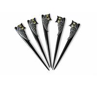 Marycrafts Set de 5 Palos para el Cabello de Cuerno de Búfalo Natural - Horquillas Artesanales con Diseño de Búho - 15,5 cm - Accesorios para Moño, Chignon y Recogidos