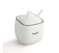 maryeadecoor Azucarero de 12 onzas con tapa y cuchara, dispensador de tarro de azúcar de cerámica para cafetería, cocina, encimera, recipiente de sal y especias, color blanco