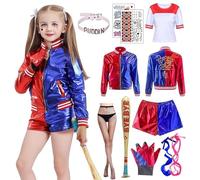 Maryparty Disfraz de Quinn para Niñas Mujer, Disfraz de Cosplay Suicide Squad Halloween Carnaval Camiseta Pantalones Chaqueta y Guante, Guantes, Bate Inflable (Niña, 130)