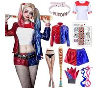 Maryparty Disfraz de Quinn para Niñas Mujer, Disfraz de Cosplay Suicide Squad Halloween Carnaval Camiseta Pantalones Chaqueta y Guante, Guantes, Bate Inflable (Mujer, Small)