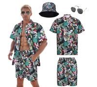 Marypaty Camisa Hawaiana Hombre Camisa de Playa Camisas Causal de Verano para Hombre Pantalones Cortos Conjunto Sombrero Gafas de para El Sol