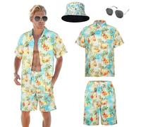 Marypaty Camisa Hawaiana Hombre Camisa de Playa Camisas Causal de Verano para Hombre Pantalones Cortos Conjunto Sombrero Gafas de para El Sol