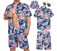 Marypaty Camisa Hawaiana Hombre Camisa de Playa Hawaiano Camisas Causal de Verano para Hombre Pantalones Cortos Conjunto Sombrero Gafas de para El Sol (FR/ES, Letras, 3XL, Regular, Regular, Estilo 5)