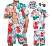 Marypaty Camisa Hawaiana Hombre Camisa de Playa Hawaiano Camisas Causal de Verano para Hombre Pantalones Cortos Conjunto Sombrero Gafas de para El Sol (FR/ES, Letras, L, Regular, Regular, Estilo 3)