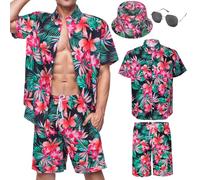 Marypaty Camisa Hawaiana Hombre Camisa de Playa Hawaiano Camisas Causal de Verano para Hombre Pantalones Cortos Conjunto Sombrero Gafas de para El Sol (FR/ES, Letras, XL, Regular, Regular, Estilo 1)