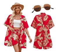 Marypaty Camisa Hawaiana Mujer Camisa de Playa Camisas Causal de Verano para Mujer Pantalones Cortos Conjunto Gafas de para El Sol
