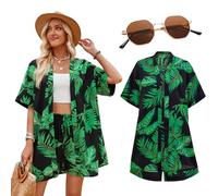 Marypaty Camisa Hawaiana Mujer Camisa de Playa Camisas Causal de Verano para Mujer Pantalones Cortos Conjunto Gafas de para El Sol