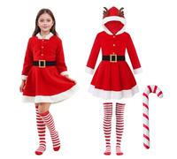 Marypaty Disfraz Navidad Niña Vestido Rojo Papá Noel Astas y Capucha Medias Cinturón Niños Mama Noel Niña para Halloween Navidad Carnaval Cosplay Fiesta (Elf, 150cm)