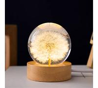 MARZIUS Luz nocturna de bola de cristal de flores, lámpara de noche de bola de vidrio de 2.4 pulgadas con base de madera, regalos de decoración para hombres, niñas, adolescentes (diente de león)