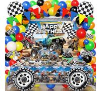 Más de 140 piezas de decoraciones de camión monstruo, suministros de fiesta de cumpleaños de Monster Truck, decoraciones de fiesta de camión monstruo, incluye globos, telón de fondo, pancarta