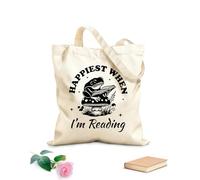 Más feliz cuando estoy leyendo tipografía de rana lectora diseño de rana literaria divertida Bolsa de lona con fondo reforzado Tela de 12 oz de grosor Se usa como bolsa de regalo 25x30cm Pequeño