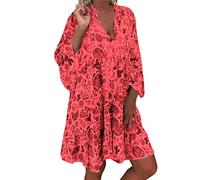 Más Manga V Las Damas de impresión Larga Vestido Mini Size Button Loose Women's Vestido de Mujer (Red, M)