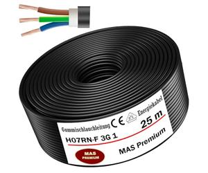 MAS Premium 5-100m Tubo de goma flexible Cable de energía Cable para obras H07RN-F 3G 1, 3G 1,5, 3G 2,5, 3G 4, 3G 6, 3G 10 o 3x 1,5 Cable flexible para equipos pesados (H07RN-F 3G 1 mm², 25m)