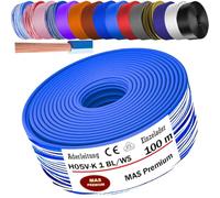 MAS Premium Cable de 5 a 100 m H05 V-K 1 mm² BLWS BR DBL DBLWS GNGE GR HBL OR RS RT RTWS SW U-MAR.BL VIO o WS Single ader flexible (azul y blanco, 100 m)