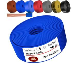 MAS Premium Cable de 5 a 100 m H07 V-K 6 mm² negro, marrón, azul oscuro, amarillo verdoso, gris, rojo, naranja o azul claro, cable individual flexible (azul oscuro, 30 m)