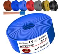 MAS Premium Cable de 5 a 100 m H07 V-K 6 mm² negro, marrón, azul oscuro, verde amarillo, gris, rojo, naranja o azul claro, cable individual flexible (azul claro, 20 m)