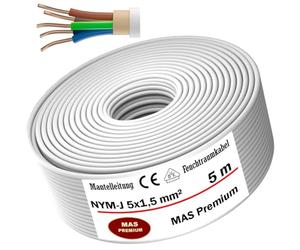 MAS Premium Cable de alimentación para ambientes húmedos, cable de alimentación 5-170 m, NYM-J 5 x 1,5, 2,5, 4, 6, 10 o 16, anillo de cable eléctrico para instalación fija (NYM-J 5 x 1,5 mm², 5 m)