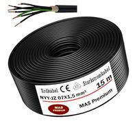 MAS-Premium Cable de alimentación subterráneo de la marca alemana, anillo para instalación en tierra y exterior, cable de corriente estándar (NYY-JZ 7X1,5 mm², 15 m)