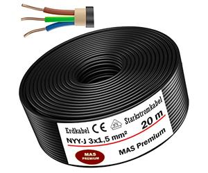 MAS Premium Cable de alimentación subterráneo NYY-J 5-170 m, 3 x 1,5, 2,5, 4, 6, 10, 16 o 5 x 1,5, 2,5, 4, 6, 10, 16, cable de alimentación de alta potencia, anillo de cable eléctrico para instalación