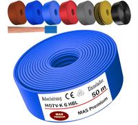 MAS Premium Cable H07 V-K 6 mm² de 5 a 100 m - Negro, Marrón, Azul Oscuro, Amarillo Verdoso, Gris, Rojo o Claro, Cable Individual Flexible (Azul Claro, 50 m)