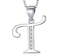 MASADA Cadena con Inicial de Plata Esterlina 925 - Colgante con Letra T con Piedras de Circonio - 46cm de largo - Bolsa de Terciopelo