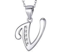 MASADA Cadena con Inicial de Plata Esterlina 925 - Colgante con Letra V con Piedras de Circonio - 46cm de largo - Bolsa de Terciopelo