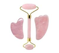 Masajeador facial de cuarzo rosa con rodillo de jade, juego de guasha, herramientas de gua sha, raspador de piedra gouache for masaje facial, herramienta de belleza(Type 2)
