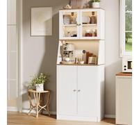 MASAJIA Aparador Cocina con LED, 180 cm Alto Vaisellier Cocina con 4 puertas y estante ajustable, armario de almacenamiento con encimera, mueble vitrina para comedor sala de estar (blanco)