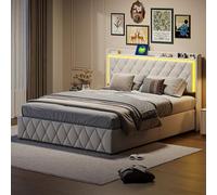 MASAJIA Cama tapizada 160 x 200 con maletero, cama acolchada 160 x 200 LED USB, cama para adulto, maletero con somier de marco delicado, doble caja de cama doble acolchada con iluminación de maletero