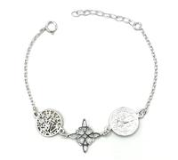 MASBARATA Pulsera Triple Protección, Tetragramatón, Nudo de Bruja y Escapulario de San Benito en Plata de Ley
