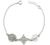 MASBARATA Pulsera Triple Protección Tetragramatón, Nudo de Bruja y Escapulario de San Benito en Plata de Ley