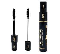 Máscara 2 en 1 Definición y Volumen con doble cepillo alargador y voluminizador, color negro intenso, fórmula impermeable profesional con ceras naturales oftalmológicamente probado, 11,4 ml