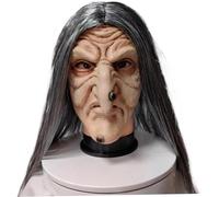 Máscara de bruja de Halloween, máscara de anciana arrugada con maldad con cabello largo y nariz de bruja, látex aterrador con agujeros de ventilación que más se ajusta a los adultos de Halloween cosp
