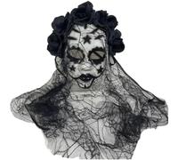 Máscara De Calavera De Azúcar del Día De Muertos con Velo Y De Rosas, Máscara Mexicana para Disfraz De Halloween Y Cosplay.