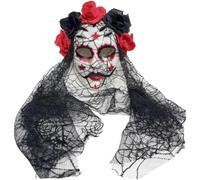 Máscara De Calavera De Azúcar del Día De Muertos con Velo Y De Rosas, Máscara Mexicana para Disfraz De Halloween Y Cosplay.