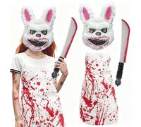 Máscara de Conejo de Halloween, shallyong Máscara Horror Conejo Set, con Delantal Sangre, Cuchillo Falsos para Halloween, Mascaras de Terror, para Carnaval Fiesta Cosplay