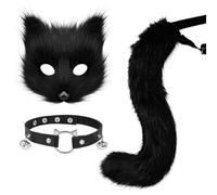 Máscara de de Piel sintética con Traje Peludo, Collar de Cuero con Cascabel y Cola esponjosa, Lindos Disfraces realistas de Halloween para Fiestas temáticas de Cosplay, máscara de Disfraz d