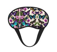 Máscara de dormir con borde negro de satén con mariposas moradas, azules y amarillas para una comodidad óptima y bloqueo de la luz