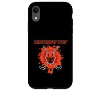 Máscara de hockey negra y naranja para niño con texto "Happy 4th Birthday" Carcasa para iPhone XR