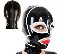 Máscara de látex Máscara de cabeza de goma SM con fosas nasales, ojos abiertos, boca, bondage, capucha para la cabeza, cremallera en la parte posterior, ataduras de cama eróticas