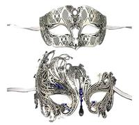 Máscara De Mascarada 2 uds. Máscara de fiesta veneciana de pareja de filigrana de Metal máscara de bola de boda disfraz de mascarada conjunto de enmascarador(Silver Blue Diamond)