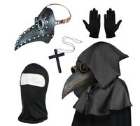 Máscara de médico de la peste, disfraz de Halloween para hombre, máscara de pájaro steampunk, disfraz de médico de la peste para adulto, máscara facial de Halloween plateada negra con guantes y capa